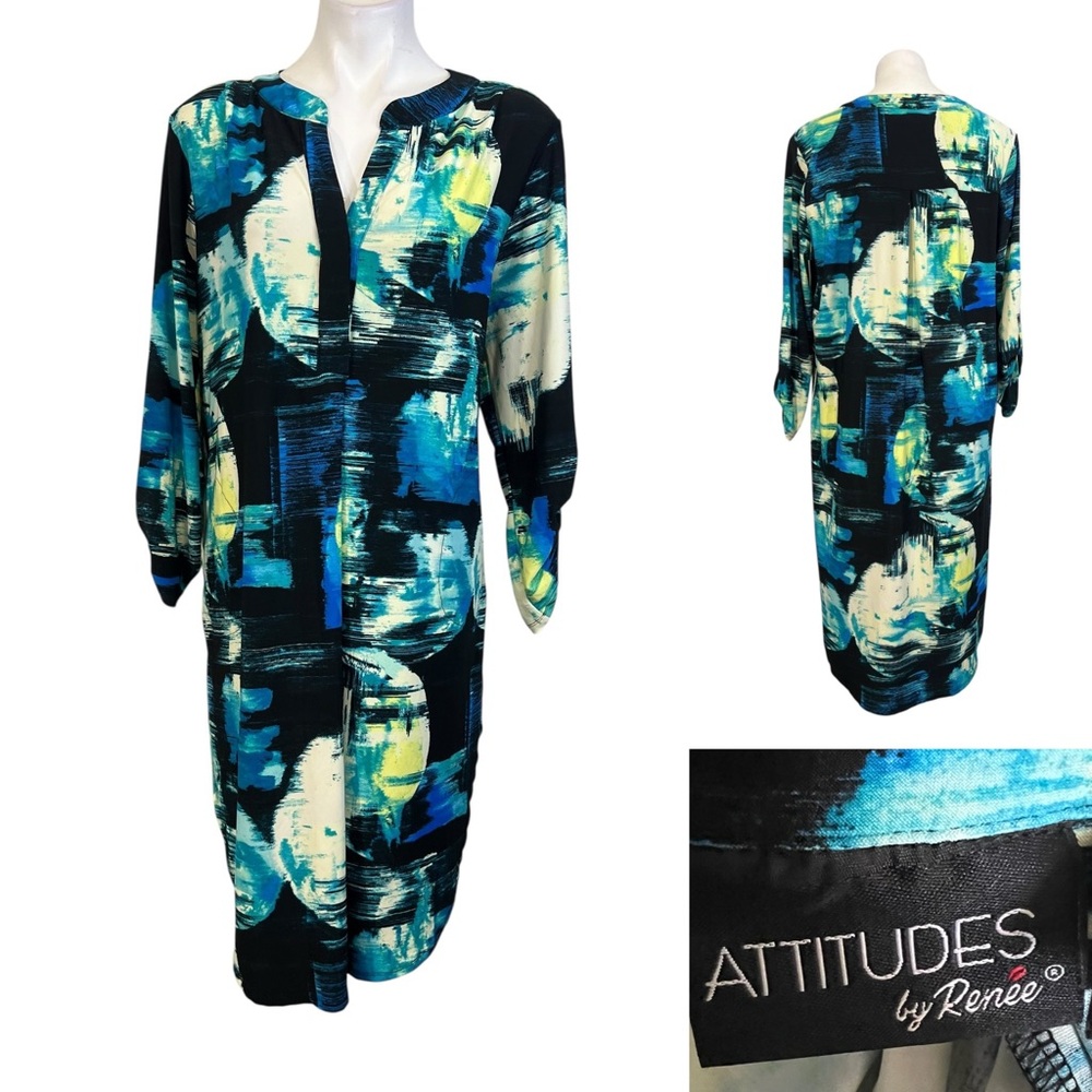 Attitudes by Renee‎ dress MP blue green multicolor 3/4 sleeve high low